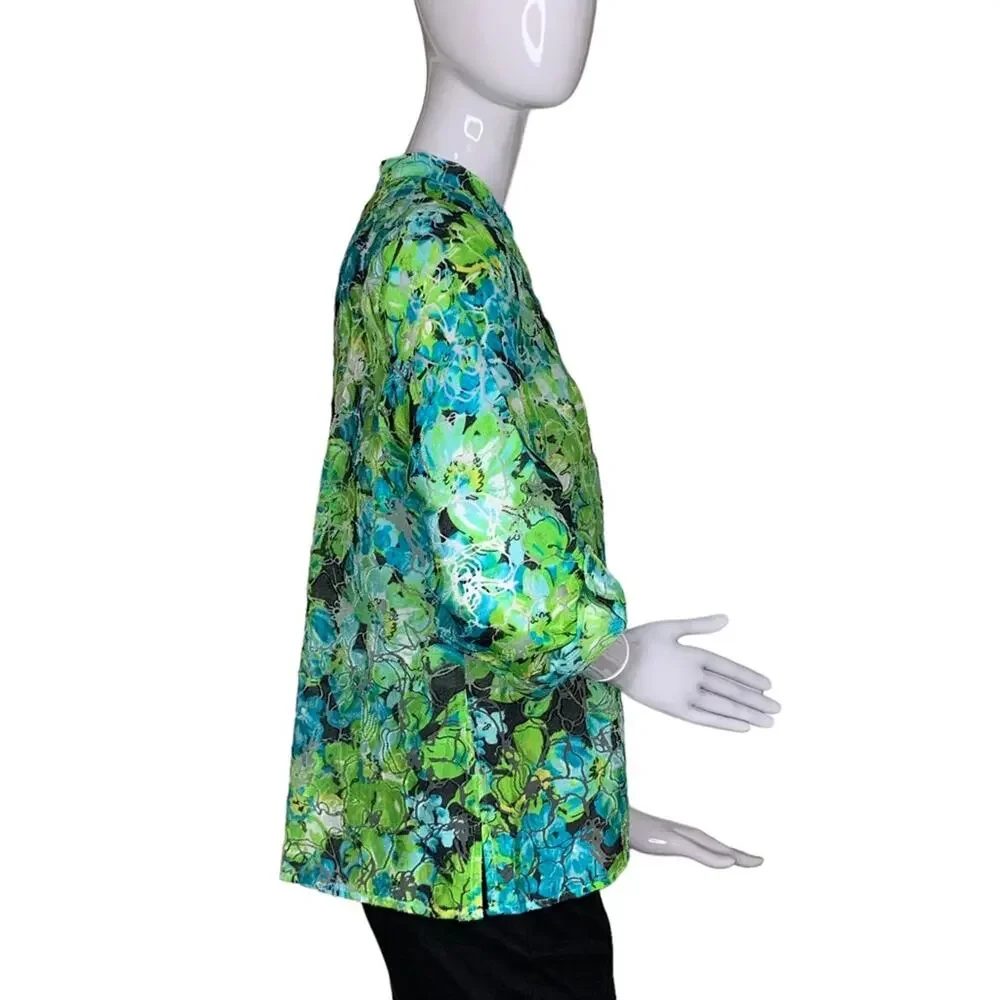 Kim Kim Rogers Petite Button Down Shirt Size LP Green Floral Print